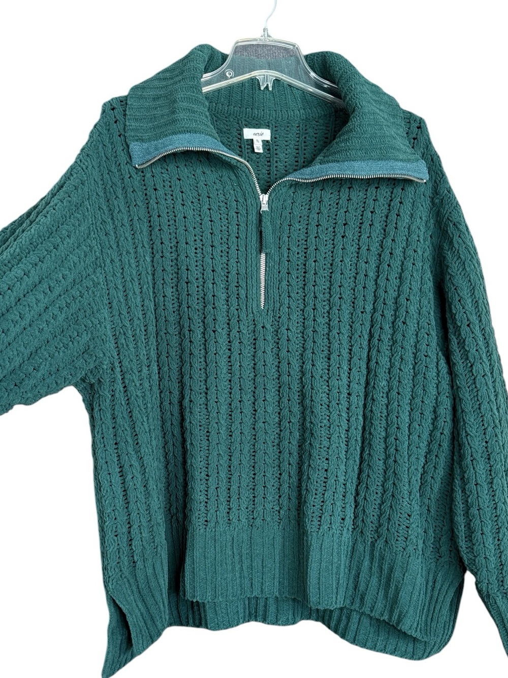 Aerie Cable Car Quarter Zip Sweater Forest Green Chunky Knit Oversized XL - Picture 5 of 11
